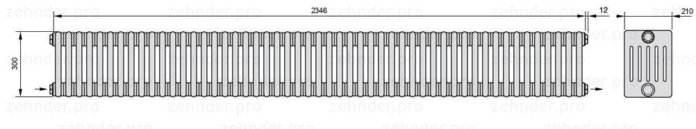 Схема (чертеж) Радиатор Zehnder Charleston 6030/51 №2670 Белый глянцевый RAL 9016